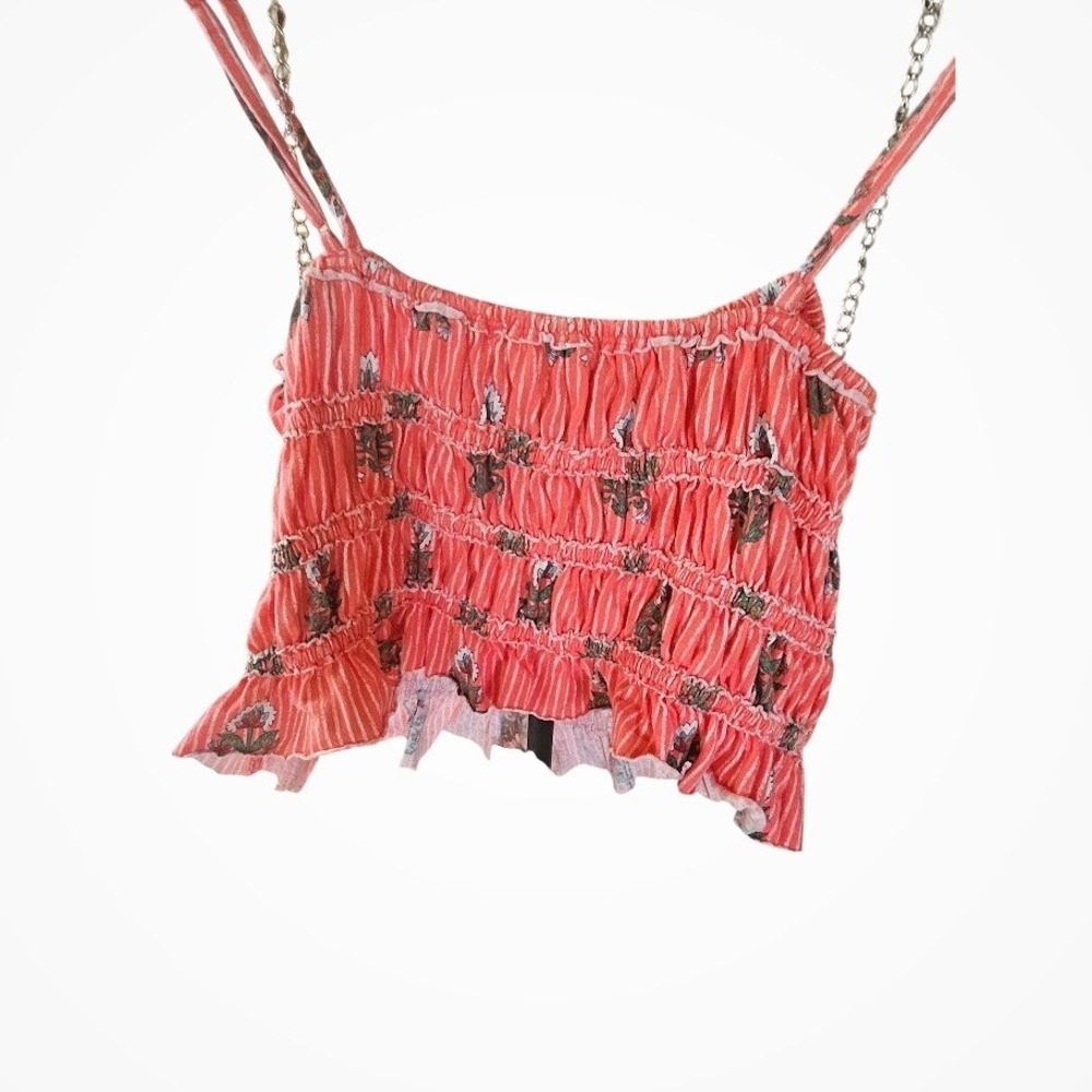 We The Free Free People Smocked Crop Top Coral Floral Stripe Camisole Large - Picture 2 of 4